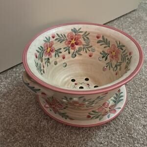 DEBCO Ceramic Berry Bowl Colander With Plate Pink Green Floral Plant Holder Used